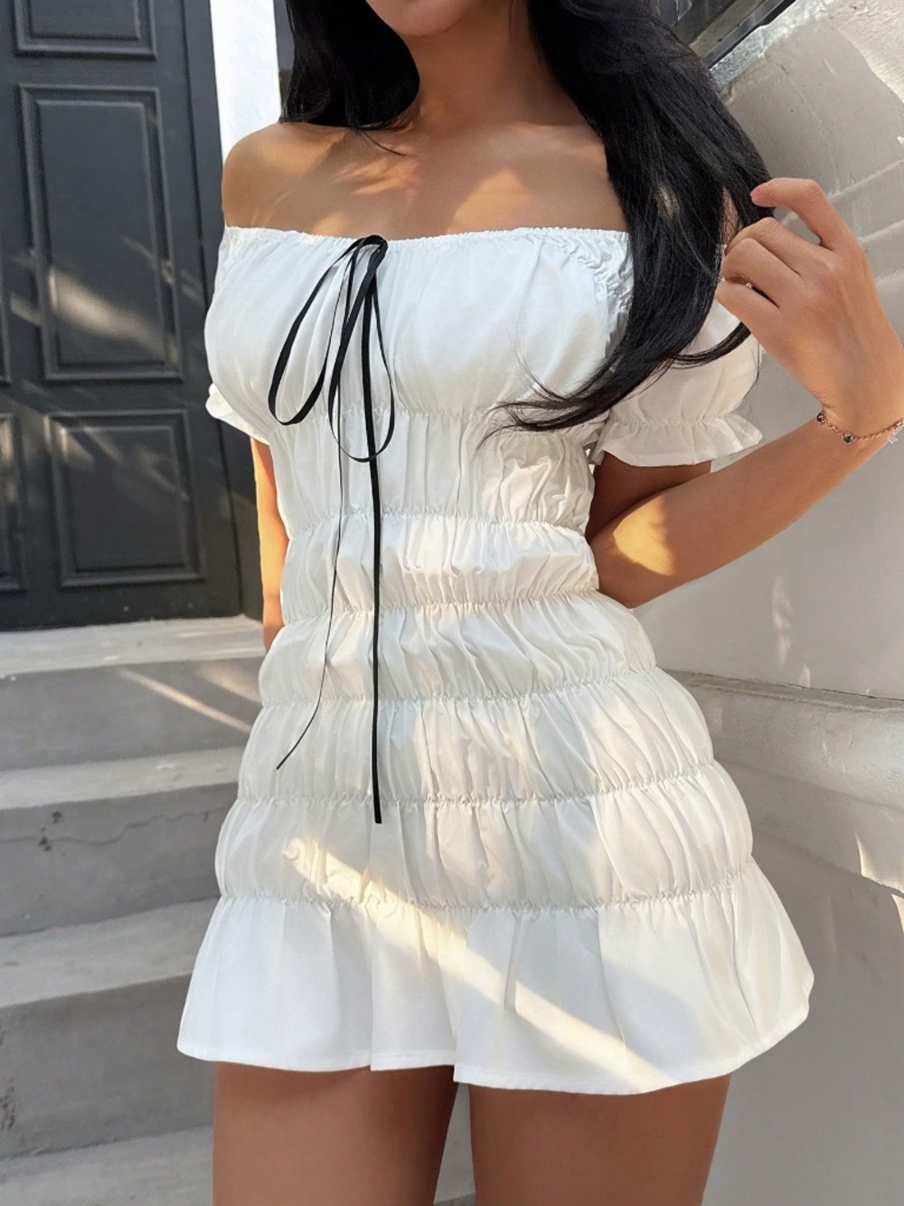 INAWLY Size Large L Solid Color Off Shoulder Tie-Up Mini Dress lot6073